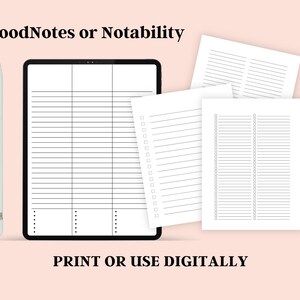 Image showing black lined writing paper pages displayed on a tablet with a stylus, alongside matching lined notebook pages arranged on a light neutral background.