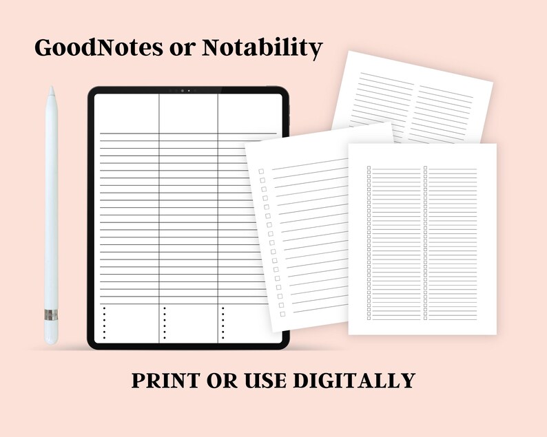 Image showing black lined writing paper pages displayed on a tablet with a stylus, alongside matching lined notebook pages arranged on a light neutral background.