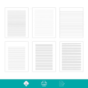 Six white lined paper pages displayed in two rows on a light background, each page showing different black line spacing styles.