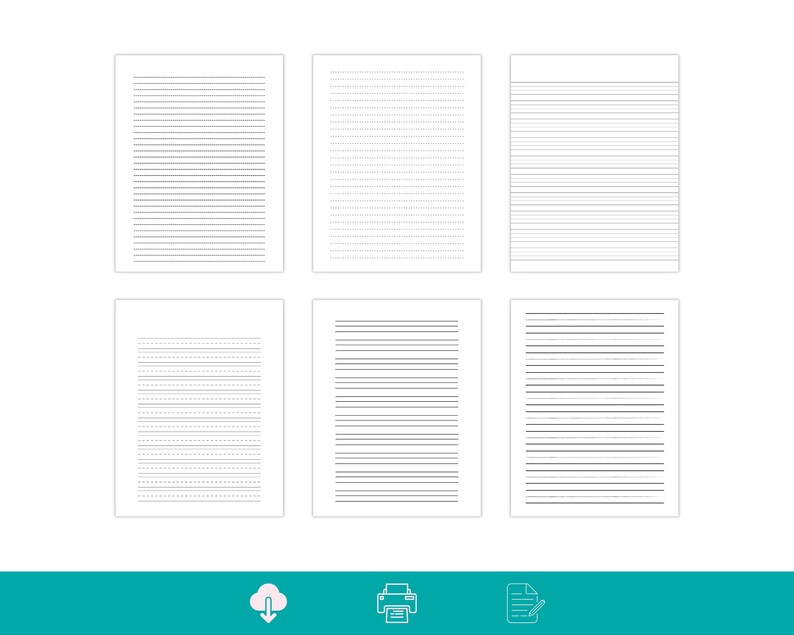 Six white lined paper pages displayed in two rows on a light background, each page showing different black line spacing styles.