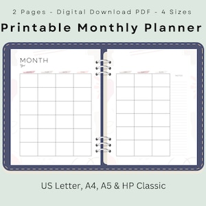 Planificador mensual digital, imprimible, sin fecha, con calendario mensual, resumen del mes, tamaño carta (A4/A5), descarga instantánea en PDF.