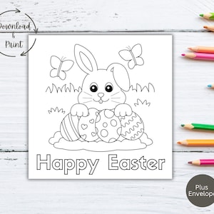 Carte à colorier de Pâques pour les enfants, carte à colorier imprimable Joyeuses Pâques, carte à colorier numérique, modèle de jeu de cartes de voeux, téléchargement immédiat au format PDF