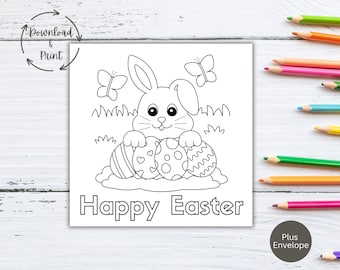 Easter Bunny Coloring Card Printable, Kids Activity Card, Digital PDF, 5x5