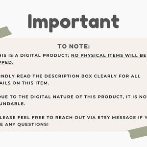 Important notice graphic explaining that the item is a digital product with no physical shipping, non-refundable, and asking buyers to read the description and message with questions.