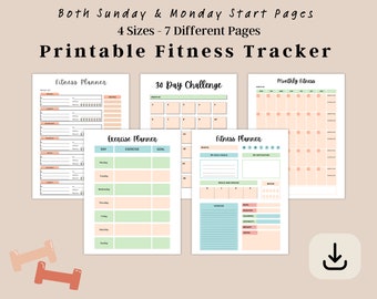May include: Printable fitness tracker with seven different pages, including a 30-day challenge, monthly fitness calendar, and exercise planner. The pages are designed with a pastel color scheme and feature a variety of layouts for tracking workouts, goals, and progress.