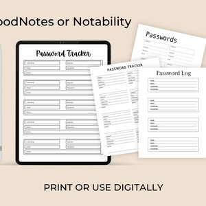 Tablet displaying password tracker pages alongside three matching password log sheets, arranged on a neutral beige background with a stylus.