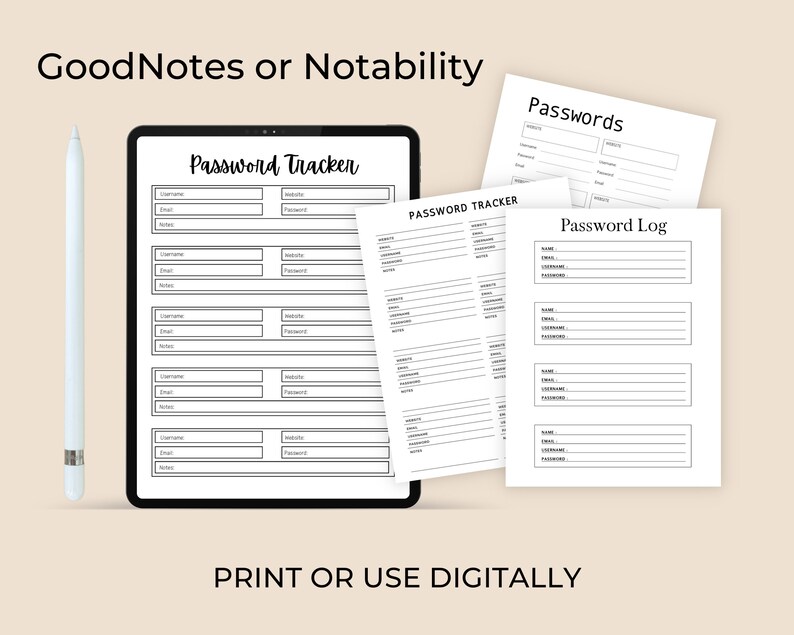 Tablet displaying password tracker pages alongside three matching password log sheets, arranged on a neutral beige background with a stylus.