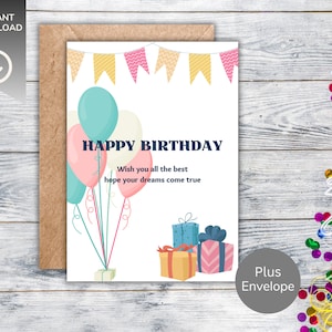 Birthday Card Kids Printable, Happy Birthday Balloon Greeting Card, Digital Birthday Card Set, Printable Card Envelope, Instant Download PDF