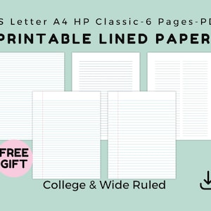 Printable PDF Lined Paper, College & Wide Ruled Writing Pages, US Letter A4 HP Classic