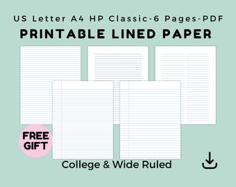 Lined Writing Paper, College & Wide Ruled Pages, Digital PDF, US Letter A4 HP Classic