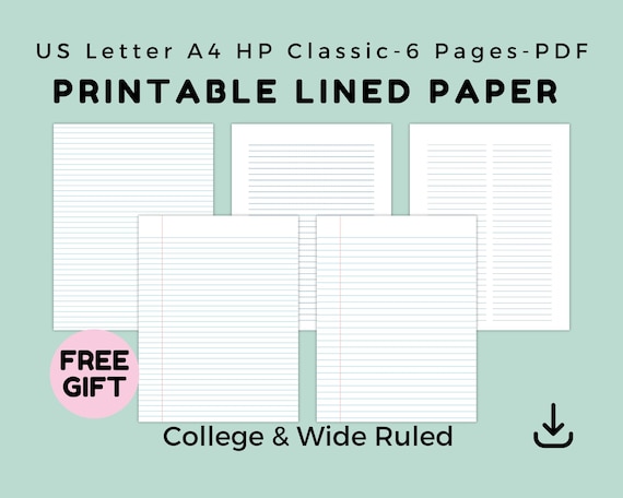 Lined Writing Paper, College & Wide Ruled Pages, Digital PDF, US Letter A4 HP Classic