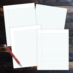 Four blue lined notebook paper sheets with red margins arranged on a dark wooden surface, with a red pen placed on top of one sheet.