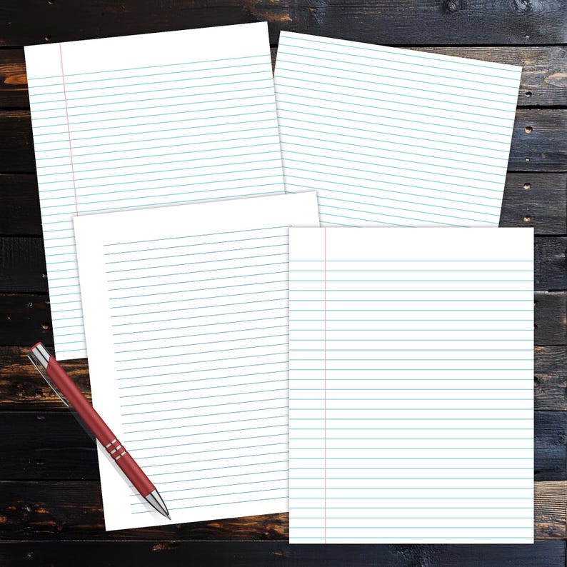 Four blue lined notebook paper sheets with red margins arranged on a dark wooden surface, with a red pen placed on top of one sheet.