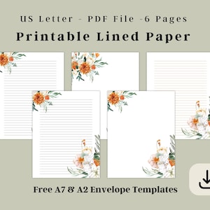 Papel de carta floral para impressão, papel pautado para escritório, conjunto de papel de carta floral, folha de papel pautado para escritório, download instantâneo em PDF