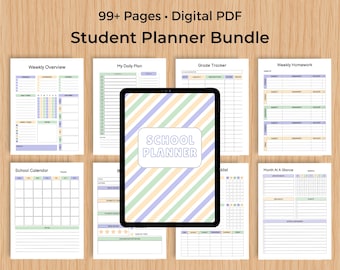 May include: A digital student planner bundle featuring 99+ pages in PDF format. The image displays a tablet screen with a diagonal striped cover labelled SCHOOL PLANNER, surrounded by various planner page templates including weekly overviews, grade trackers, and calendars.