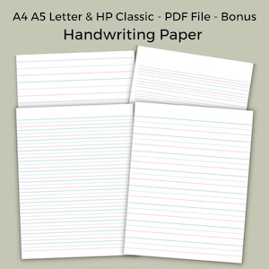 Four white handwriting practice paper sheets arranged in an overlapping layout against a muted sage green background.