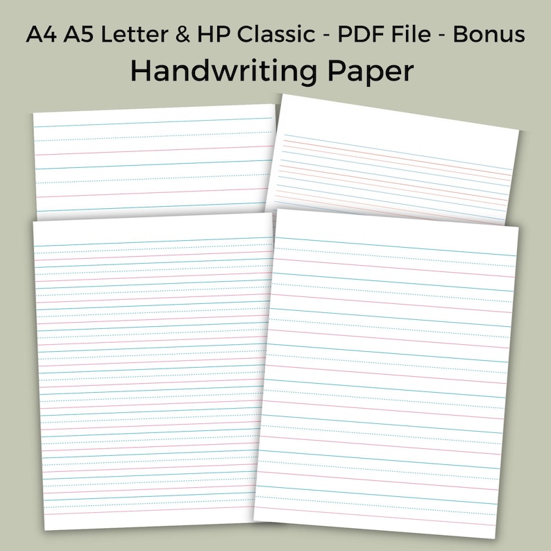 Four white handwriting practice paper sheets arranged in an overlapping layout against a muted sage green background.