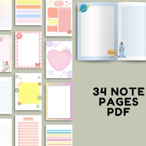 Grid-style preview showing multiple colorful note page designs arranged in a collage layout, including lined, checklist, and decorative pastel note pages on a sage green background.
