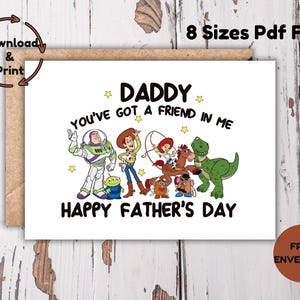 Daddy You've Got a Friend in Me Vaderdagkaart afdrukbaar, Toy Story-themakaart van kinderen, pdf-download, 8 maten, direct downloaden