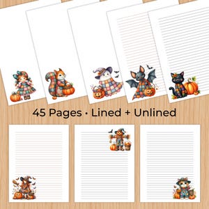 May include: A collection of 45 pages of stationery featuring lined and unlined paper with watercolour illustrations of a girl, squirrel, ghost, bat, cat, scarecrow, and kitten, each accompanied by pumpkins and autumn-themed elements.