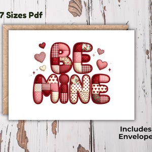 ビー・マイン・バレンタインカード、パッチワークハートラブカード、デジタルPDF、5x7 4x6 5x5