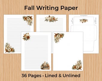 Fall Floral Writing Paper Set, Printable Lined and Unlined Stationery