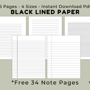 Black Lined Writing Paper, Notebook Refill Pages, Digital PDF, US Letter A4 A5 HP Classic