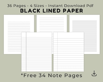 Black Lined Writing Paper, Notebook Refill Pages, Digital PDF, US Letter A4 A5 HP Classic