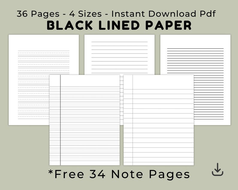 Primary image showing multiple black lined writing paper pages arranged in a grid layout, displaying different line spacing styles on white paper against a light neutral background