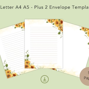 Papelería imprimible de girasoles, papel rayado y en blanco con plantillas de sobres a juego, tamaño A4, A5, carta estadounidense, descarga instantánea.