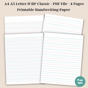 Printable Handwriting Practice Paper PDF, Dotted and Solid Lined Sheets, A4, A5, Letter, HP Classic Sizes, Instant Download