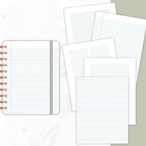 Blue lined notebook paper pages displayed in multiple styles and sizes, including wide ruled, college ruled, two-column lined paper, narrow ruled paper, and a spiral notebook on a white marble background with a soft sage green accent.