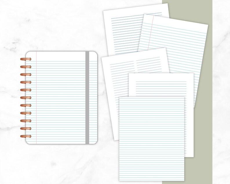 Blue lined notebook paper pages displayed in multiple styles and sizes, including wide ruled, college ruled, two-column lined paper, narrow ruled paper, and a spiral notebook on a white marble background with a soft sage green accent.
