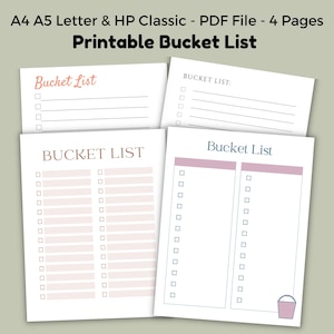 Bucket List Template Sheets, Digital PDF, A4 A5 US Letter HP Classic
