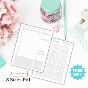 Pode incluir: Duas folhas de planejador diário brancas com detalhes em rosa e cinza, com seções para agendamento, notas e prioridades. O texto "MY PLANS FOR TODAY" e "PLANNER" são visíveis. Um adesivo "FREE GIFT" e o texto "DOWNLOAD NOW" também estão presentes.