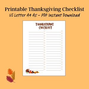 Thanksgiving Checklist, Fall Grocery List, Digital PDF, US Letter A4 A5 Half Letter