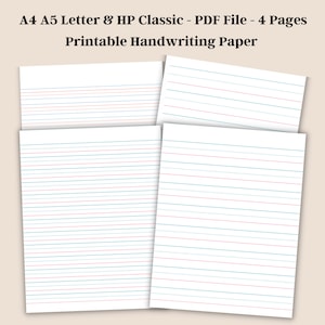 Printable Handwriting Practice Paper PDF, Dotted and Solid Lined Sheets, A4, A5, Letter, HP Classic Sizes, Instant Download