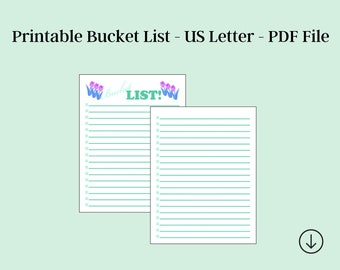 Bucket List Template Sheets, Digital PDF, US Letter