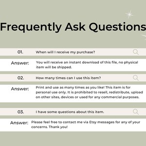 Informational image labeled “Frequently Asked Questions” with three Q&A sections explaining that purchases are instant digital downloads, files can be printed for personal use only, and buyers can contact the seller via Etsy messages for any questions. Sage green background with minimalist beige boxes and small star accents in a clean modern layout.
