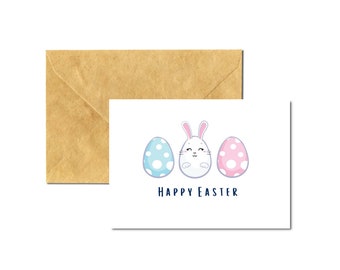 Printable Happy Easter Cards, Cute Easter Bunny Greeting Card, Easter Card Set Templates 5 x 7”, DIY Envelope, Instant Digital Download PDF