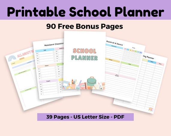 School Planner for Kids, Student Planner Printable, Homework Organizer, Digital PDF File, US Letter