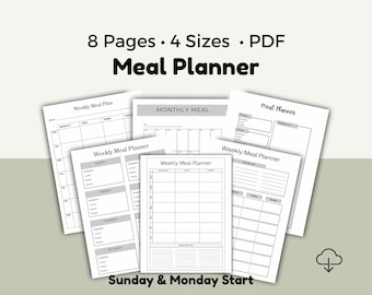 Weekly Meal Planner with Grocery List, Simple Meal Planning Pages, Digital PDF, US Letter A4 A5 HP Classic