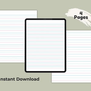 Four handwriting practice pages and a digital tablet preview displayed on a sage green background.