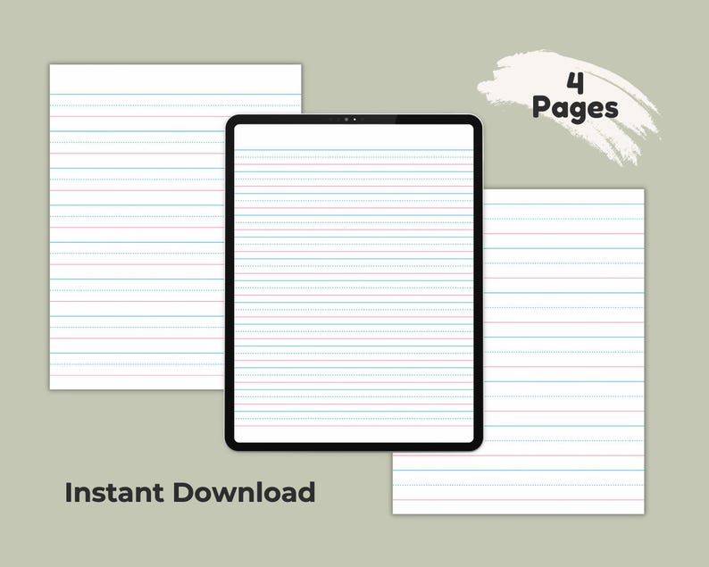 Four handwriting practice pages and a digital tablet preview displayed on a sage green background.