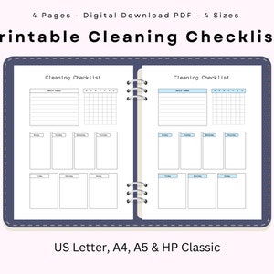 May include: A printable cleaning checklist with four pages in US Letter, A4, A5, and HP Classic sizes. The checklist includes sections for daily tasks, weekly tasks, and a calendar.