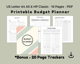 Monthly Budget Planner, Expense Tracker, Bill Organizer, Digital PDF, US Letter A4 A5 HP Classic
