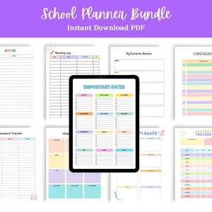Multiple colorful planner pages arranged in a grid layout with a tablet mockup centered in front, showing a calendar-style page, all displayed on a light background