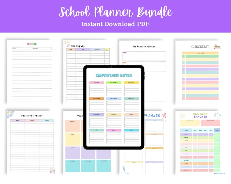 Multiple colorful planner pages arranged in a grid layout with a tablet mockup centered in front, showing a calendar-style page, all displayed on a light background