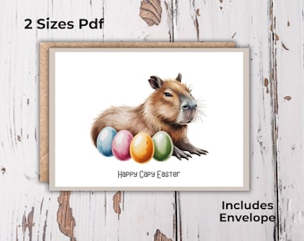 Carte de Pâques Capybara, carte de voeux imprimable animaux mignons, aquarelle printanière, PDF numérique, 5 x 7