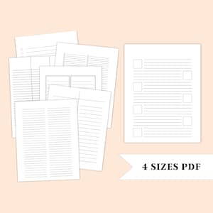 Assorted lined and checklist style paper pages arranged on a peach background, with multiple page designs grouped on the left and a single checklist page shown on the right, connected by an arrow graphic.